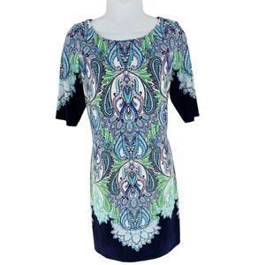 Eliza J Dress Womens 10 Blue White Paisley Shift Short Sleeve Jersey Knit Career